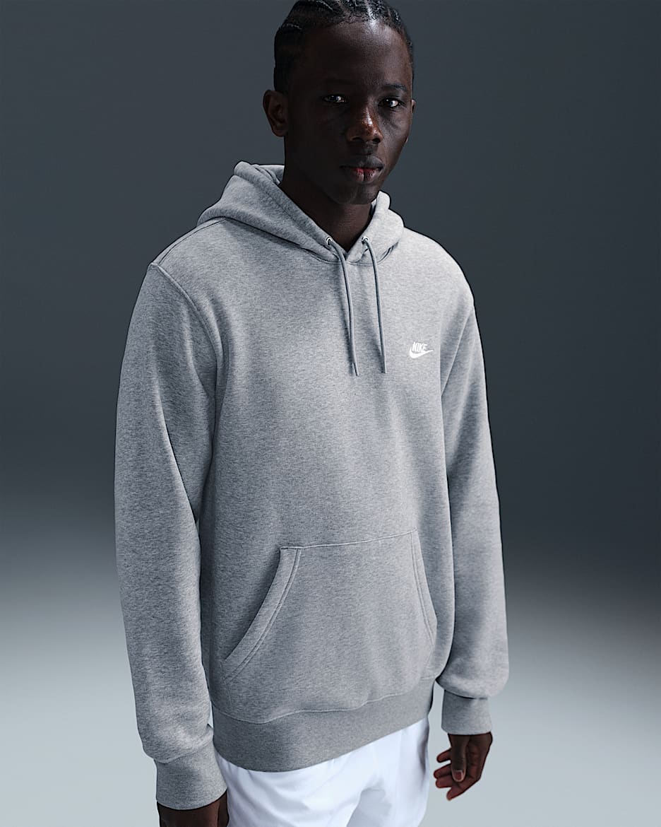 Nike Club Men's Pullover Fleece Hoodie - Dark Grey Heather/Light Smoke Grey/White