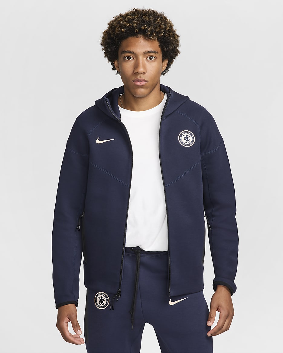 Sweat à capuche et zip Nike Football Chelsea FC Tech Fleece Windrunner pour homme - Obsidian/Guava Ice