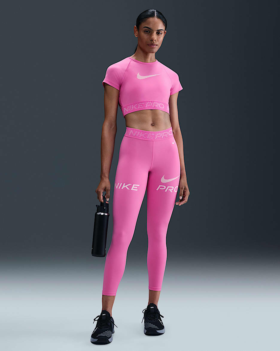 Nike Pro Women's Mid-Rise 7/8 Mesh-Panel Graphic Leggings - Playful Pink/Pink Foam/White