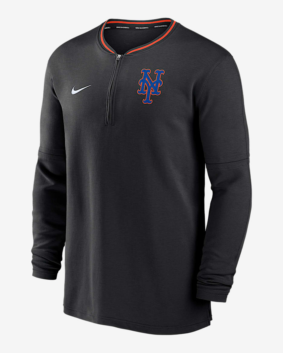Playera de manga larga Nike Dri-FIT de la MLB de medio cierre para hombre New York Mets Authentic Collection - Negro