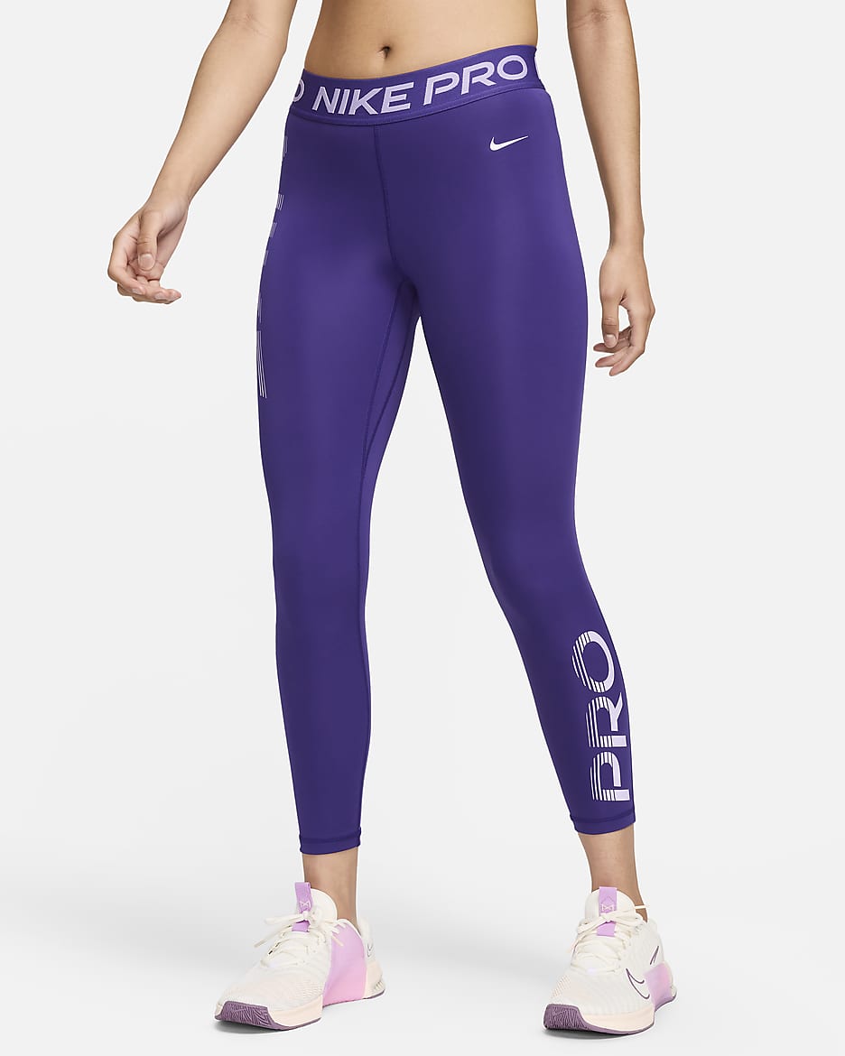 Leggings con gráfico de tiro medio de 7/8 para mujer Nike Pro - Morado cancha/Flor de lila/Blanco