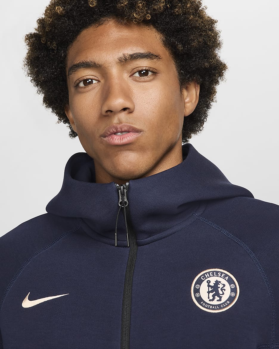 Chelsea FC Tech Fleece Windrunner Nike Tam Boy Fermuarlı Erkek Kapüşonlu Futbol Üstü - Obsidian/Guava Ice