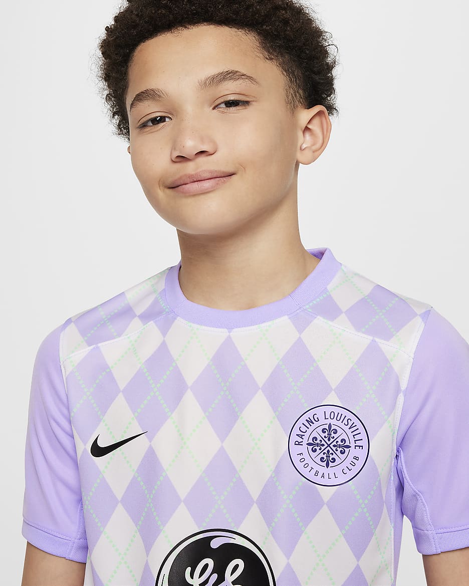 Jersey Nike Dri-FIT de la NWSL tipo réplica para niños talla grande Racing Louisville FC 2024 Stadium Primary - Bruma lavanda