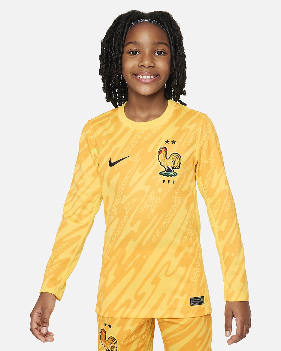 FFF (Men's Team) 2024/25 Stadium Goalkeeper Older Kids' Nike Dri-FIT Football Replica Shirt - Tour Yellow/University Gold/Black