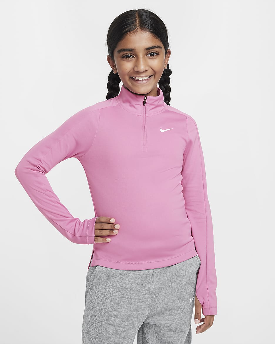 Nike Dri-FIT langermet overdel med halv glidelås til store barn (jente) - Magic Flamingo/Hvit