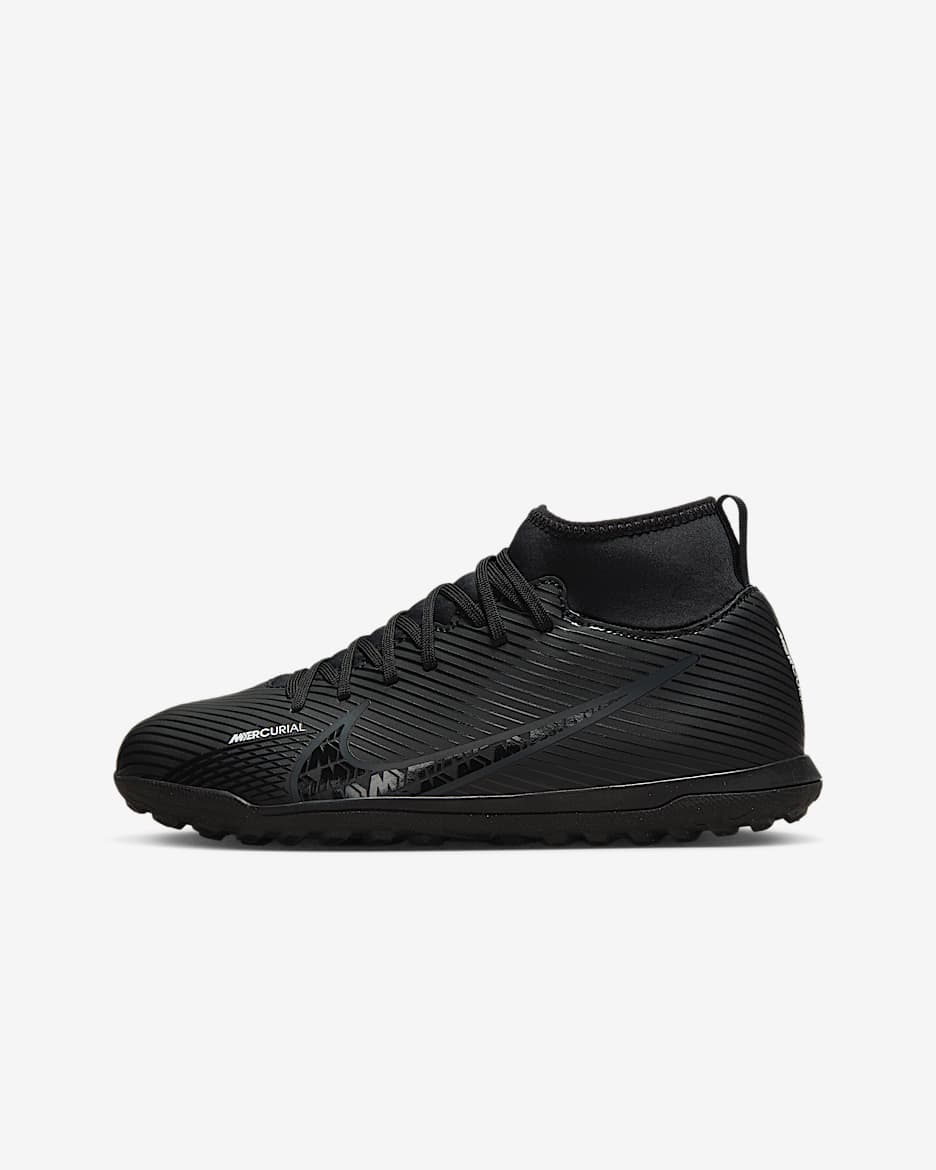Tacos de fútbol high para pasto sintético (turf) para niños de preescolar y grandes Nike Jr. Mercurial Superfly 9 Club - Negro/Blanco cumbre/Volt/Gris humo oscuro