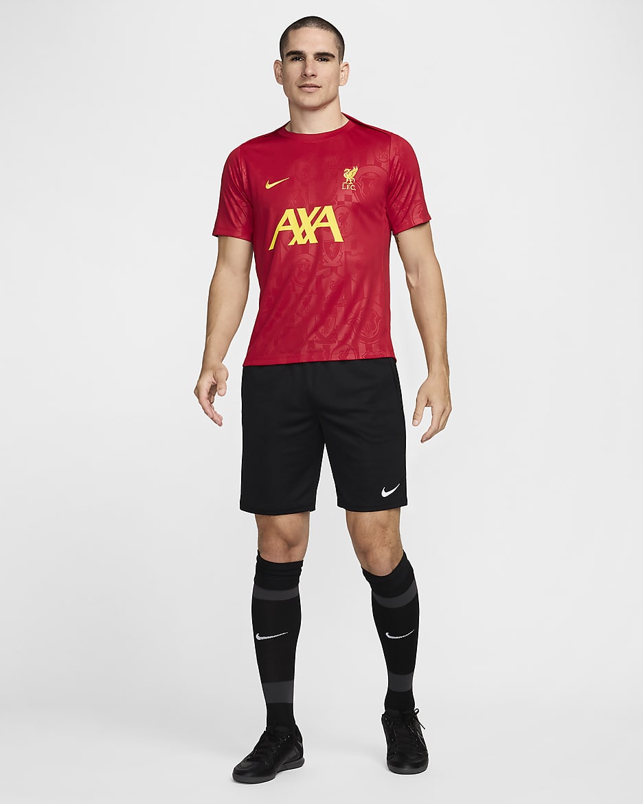 Haut de foot à manches courtes d'avant-match Nike Dri-FIT Liverpool FC Academy Pro pour homme - Gym Red/Chrome Yellow/Chrome Yellow