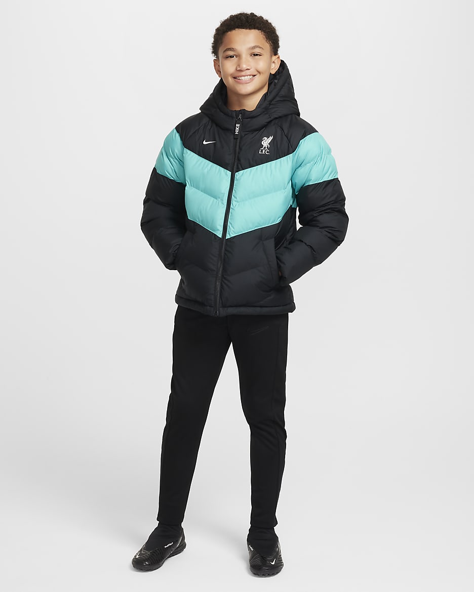 Liverpool F.C. Older Kids' Nike Football Synthetic-Fill Hooded Jacket - Black/Washed Teal/Metallic Silver