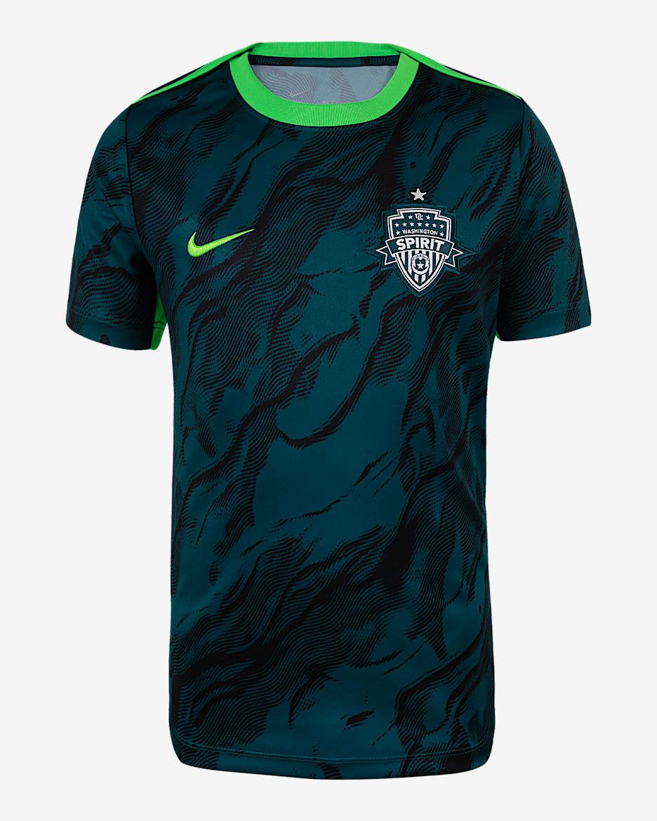 Playera de manga corta Nike de la NWSL para antes del partido para niños talla grande Washington Spirit 2025 - Negro