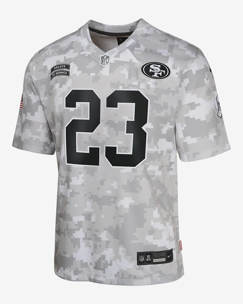 Jersey Nike Dri-FIT de la NFL Limited para niños talla grande Christian McCaffrey San Francisco 49ers Salute to Service - Verde camuflaje