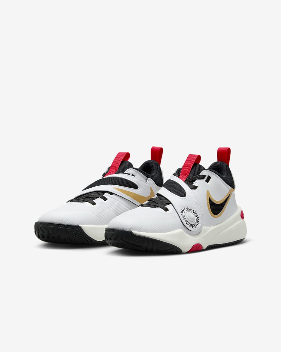 Calzado de básquetbol para niños talla grande Nike Team Hustle D 11 - Blanco/Oro metalizado/Rojo universitario/Negro