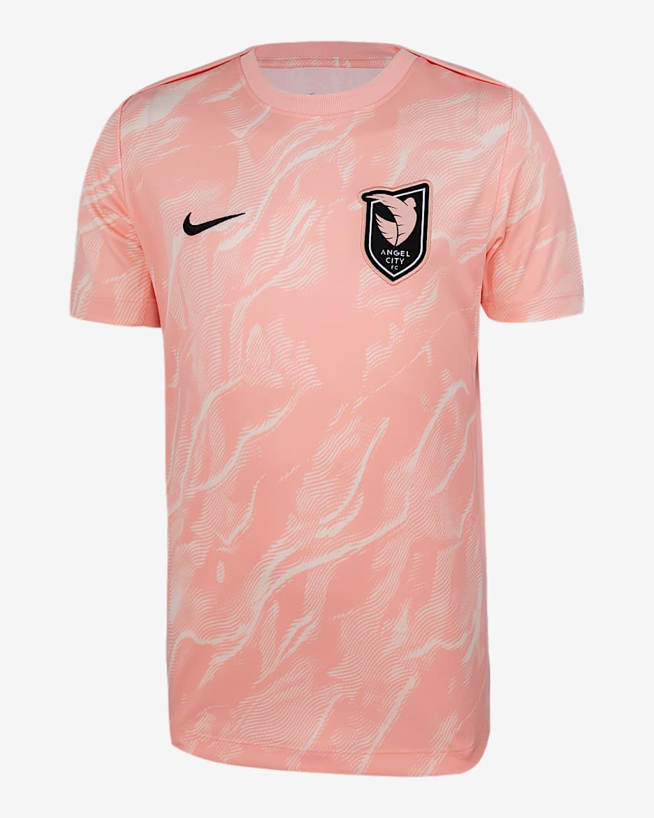 Angel City FC 2025 Big Kids' Nike NWSL Short-Sleeve Pre-Match Top - Light Soft Pink/Bleached Coral