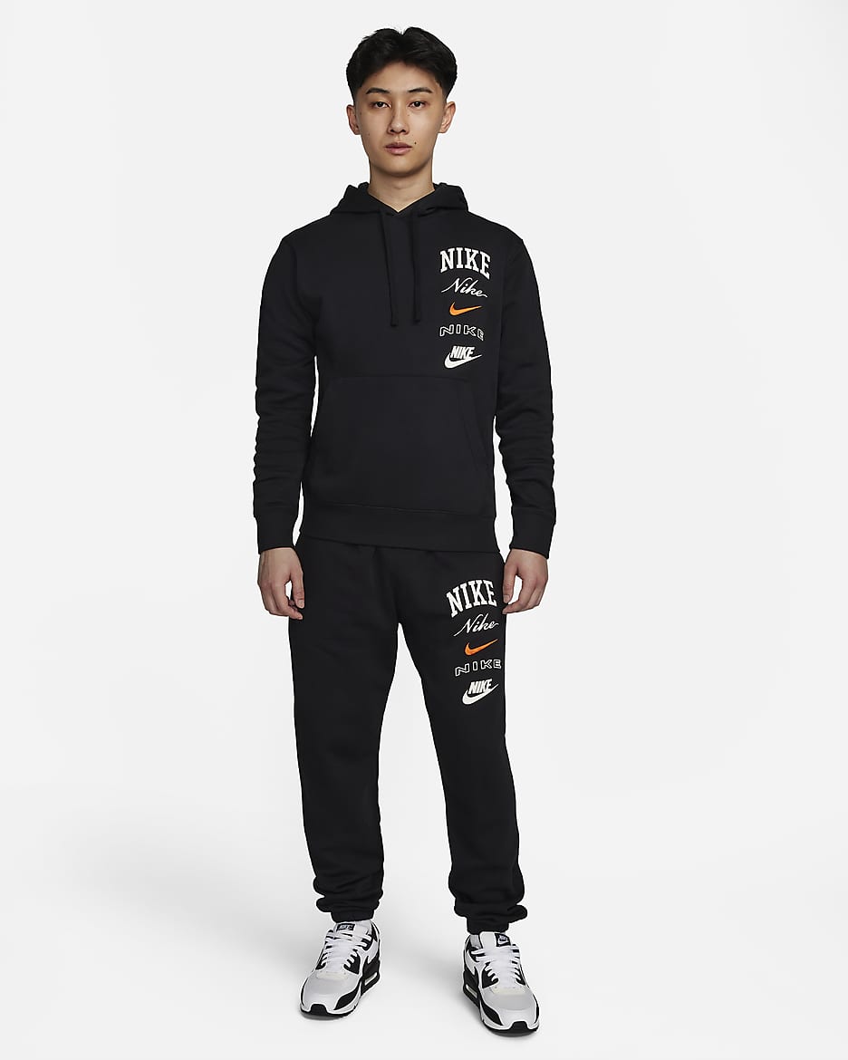 Nike Club Fleece Men's Pullover Hoodie - Black/Safety Orange