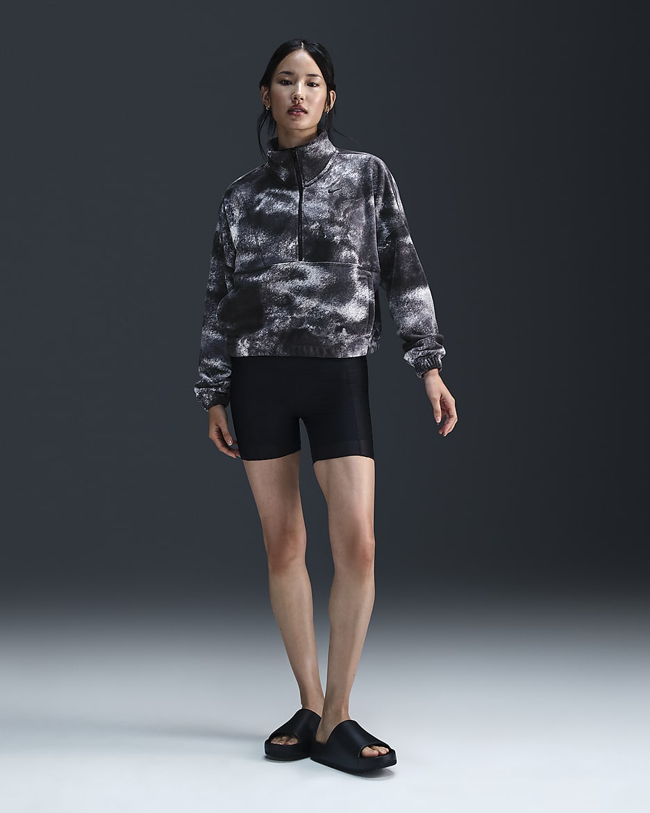 Nike One Women's Therma-FIT Oversized 1/2-Zip Fleece Printed Top - Black/Black
