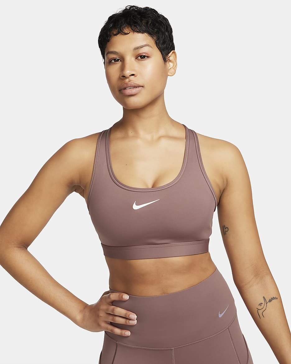 Nike Swoosh Medium Support Sport-BH mit Polster für Damen - Smokey Mauve/Weiß