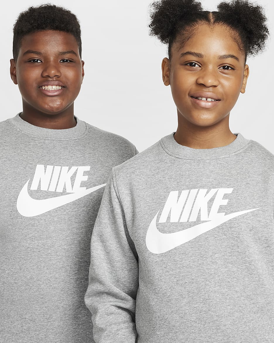 Nike Sportswear Club Fleece Big Kids' Sweatshirt (Extended Size) - Dark Grey Heather/White