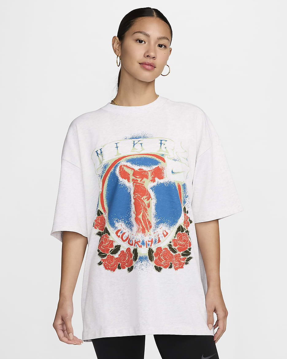 Nike Sportswear Essential Women's Oversized T-Shirt - Birch Heather/Picante Red