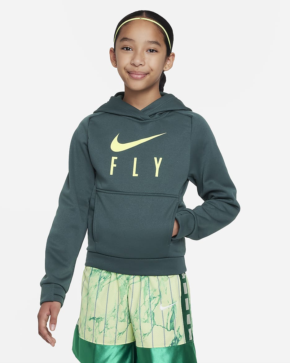 Nike Big Kids' (Girls') Therma-FIT Basketball Hoodie - Deep Jungle/Light Lemon Twist