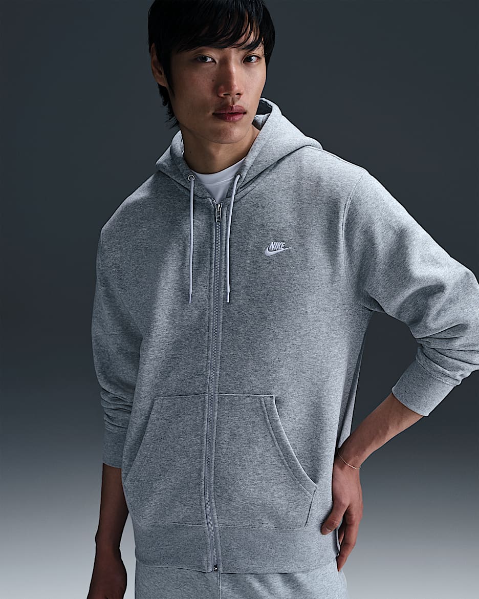 Sudadera con gorro de tejido Fleece y cierre completo para hombre Nike Club - Gris oscuro jaspeado/Gris humo claro/Blanco