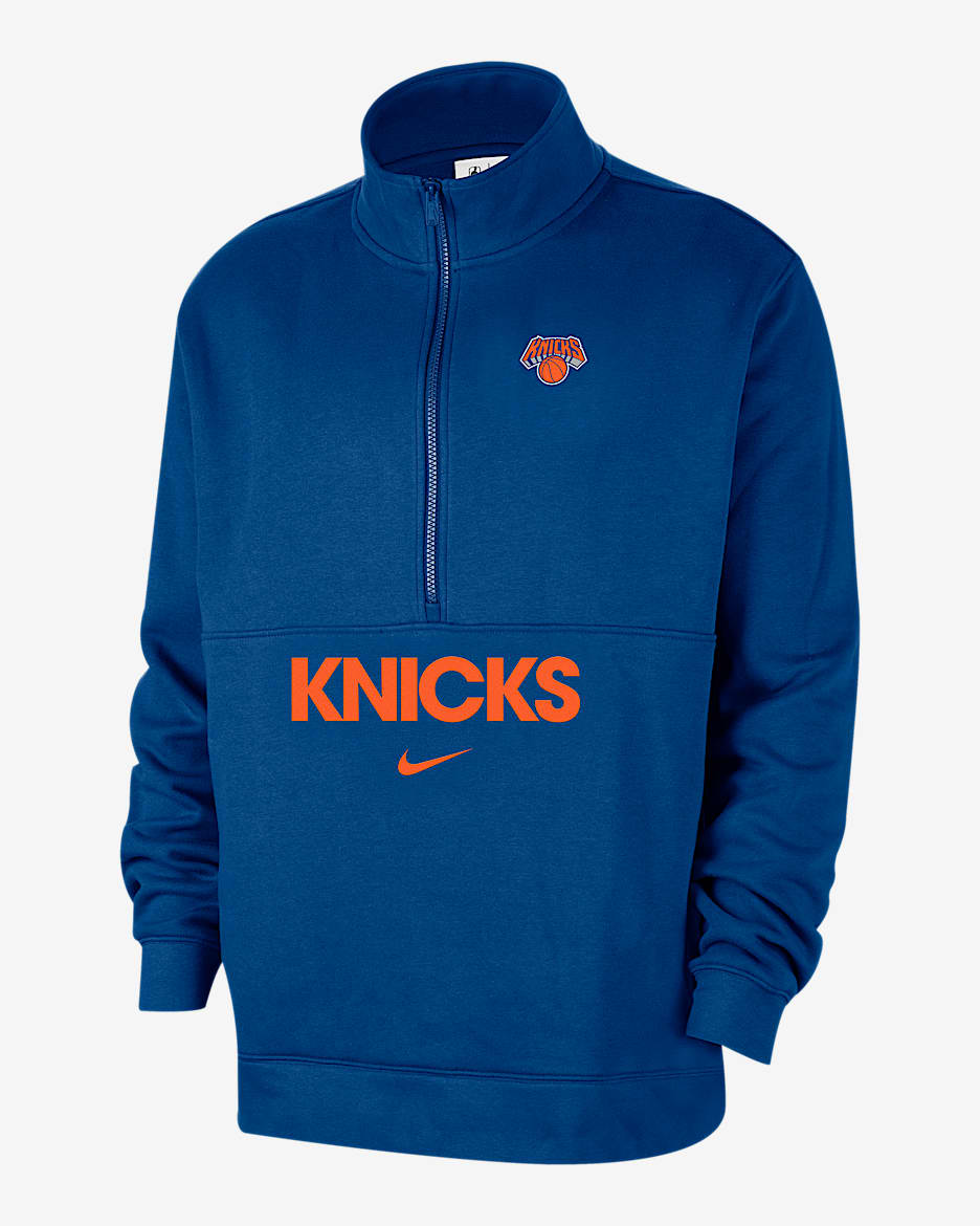 Sudadera Nike de la NBA de medio cierre para hombre New York Knicks Club Courtside - Azul enérgico/Naranja brillante