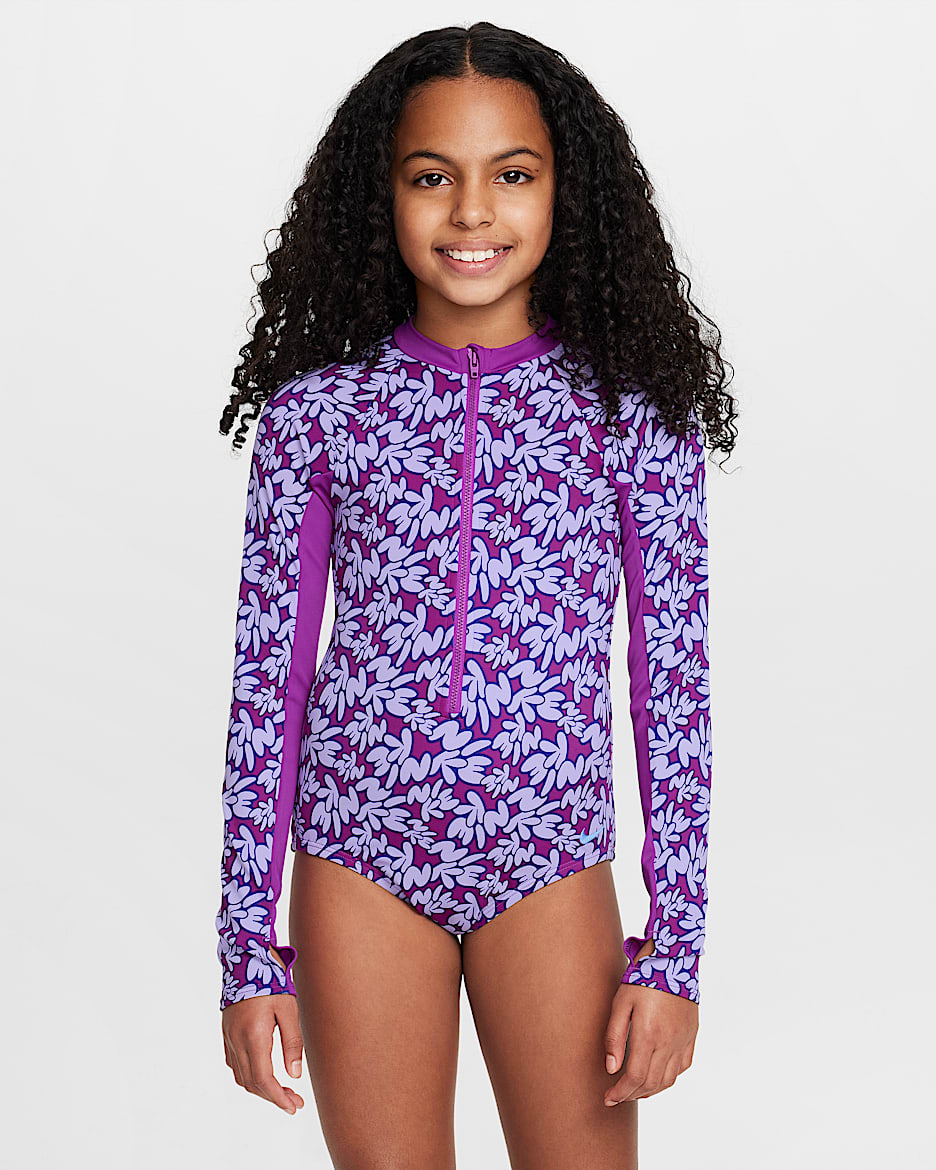 Traje de baño de una pieza de manga larga para niña talla grande Nike Swim - Morado vivo