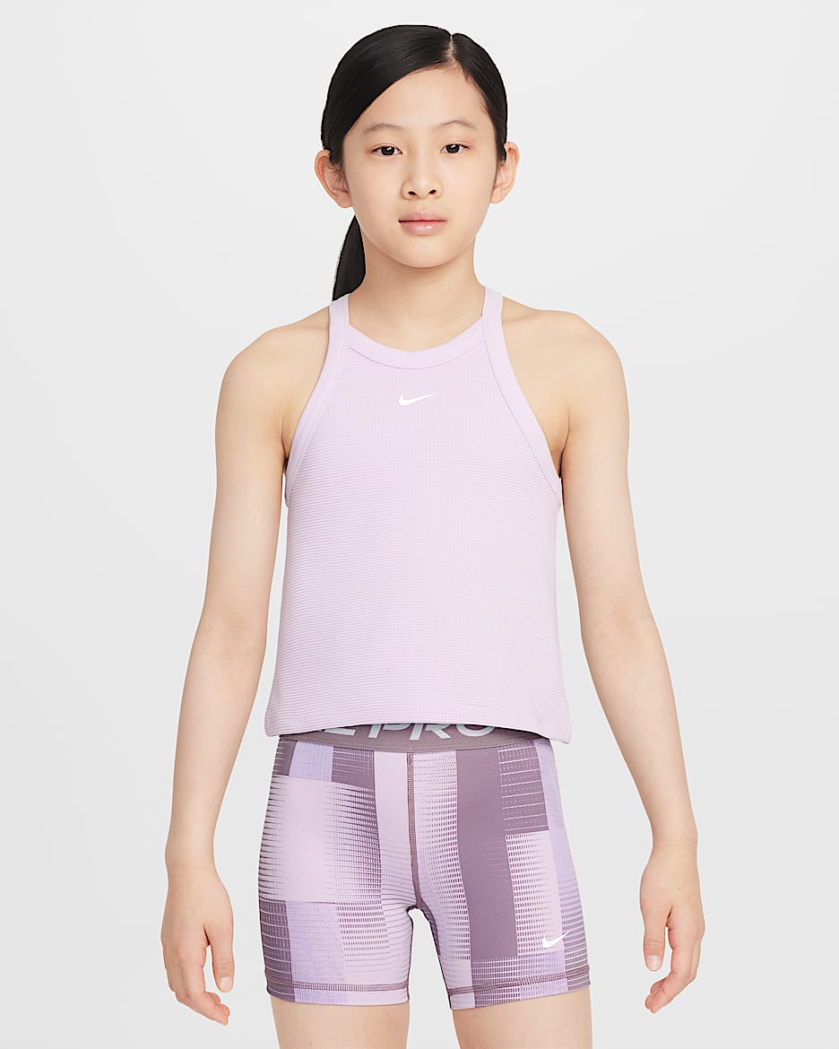 Koszulka bez rękawów z wysokim dekoltem dla dziewcząt Nike - Doll/Biel