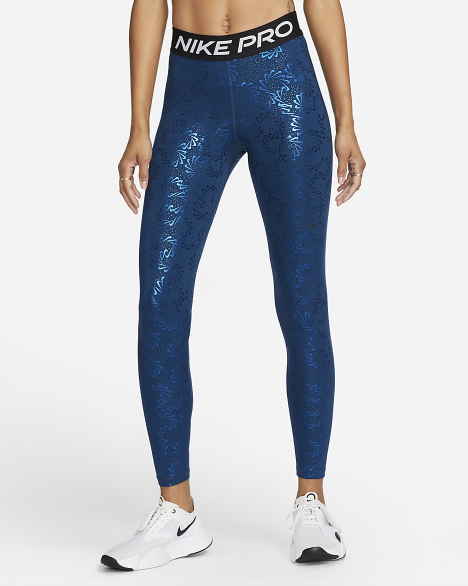 Nike Pro Women's Mid-Rise Allover Print Leggings - Valerian Blue/Black