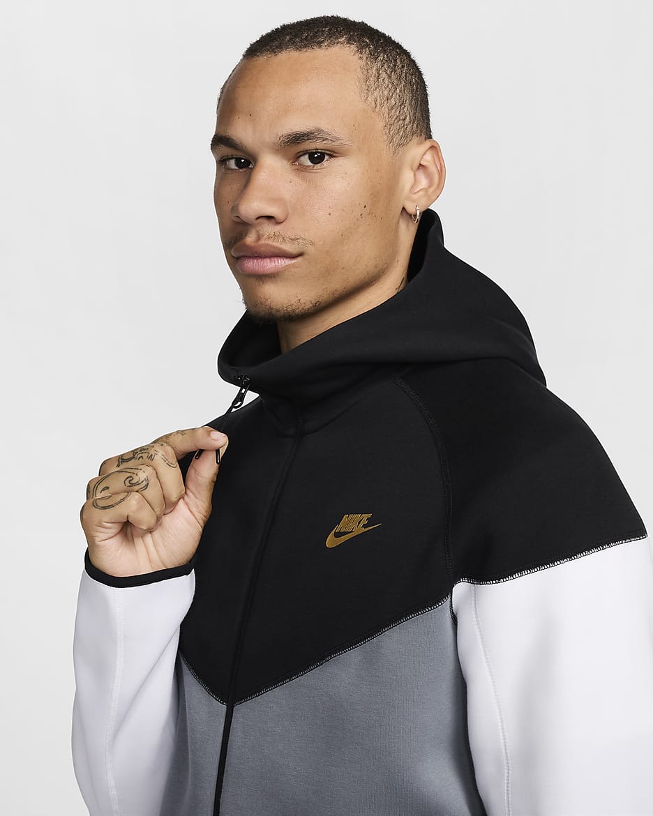 Męska bluza z kapturem i zamkiem na całej długości Nike Sportswear Tech Fleece Windrunner - Czerń/Cool Grey/Biel/Metallic Gold