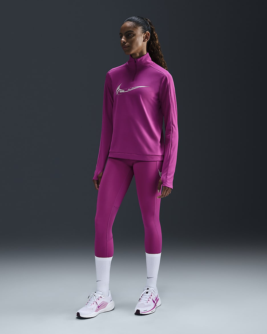 Vêtement deuxième couche de running Dri-FIT à 1/4 de zip Nike Swoosh pour femme - Hot Fuchsia/Light Wild Mango