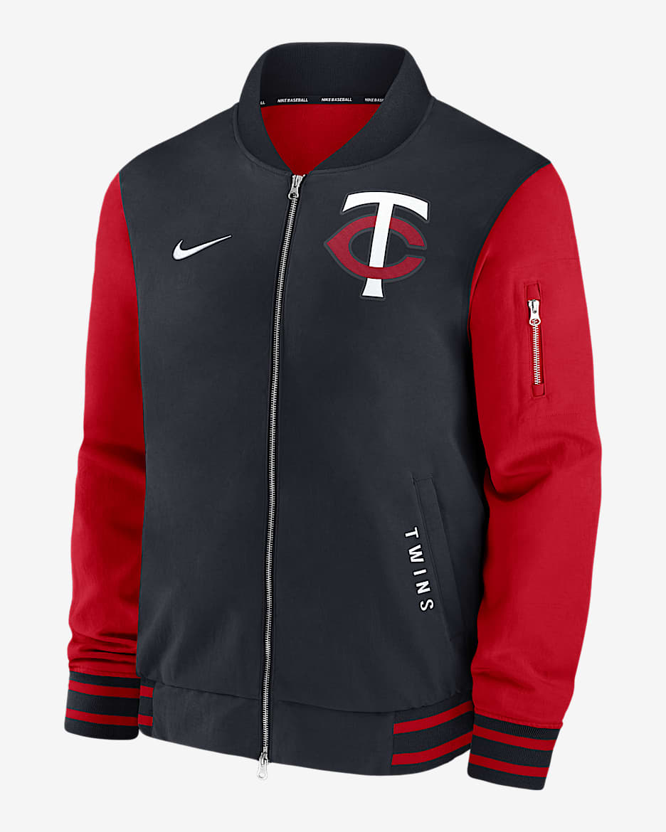 Chamarra bomber Nike de la MLB de cierre completo para hombre Minnesota Twins Authentic Collection Dugout - Azul campo de juego