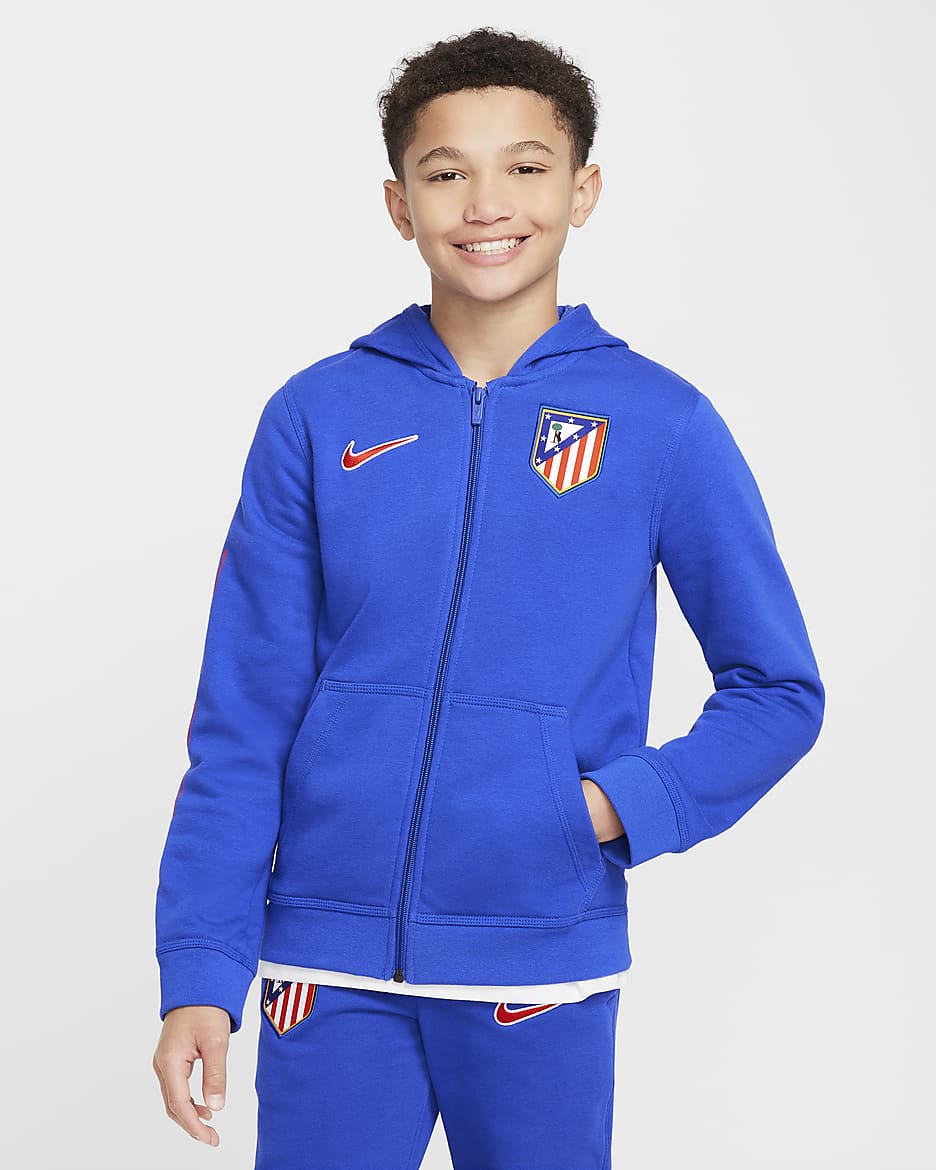 Hoodie de futebol com fecho completo Nike do equipamento principal Club Atlético de Madrid Júnior (Rapaz) - Game Royal/Carmesim claro