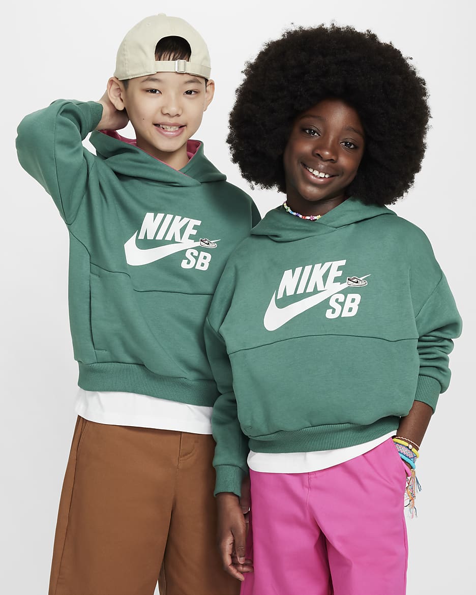 Nike SB Icon Fleece EasyOn Older Kids' Oversized Pullover Hoodie - Bicoastal/Alchemy Pink/White