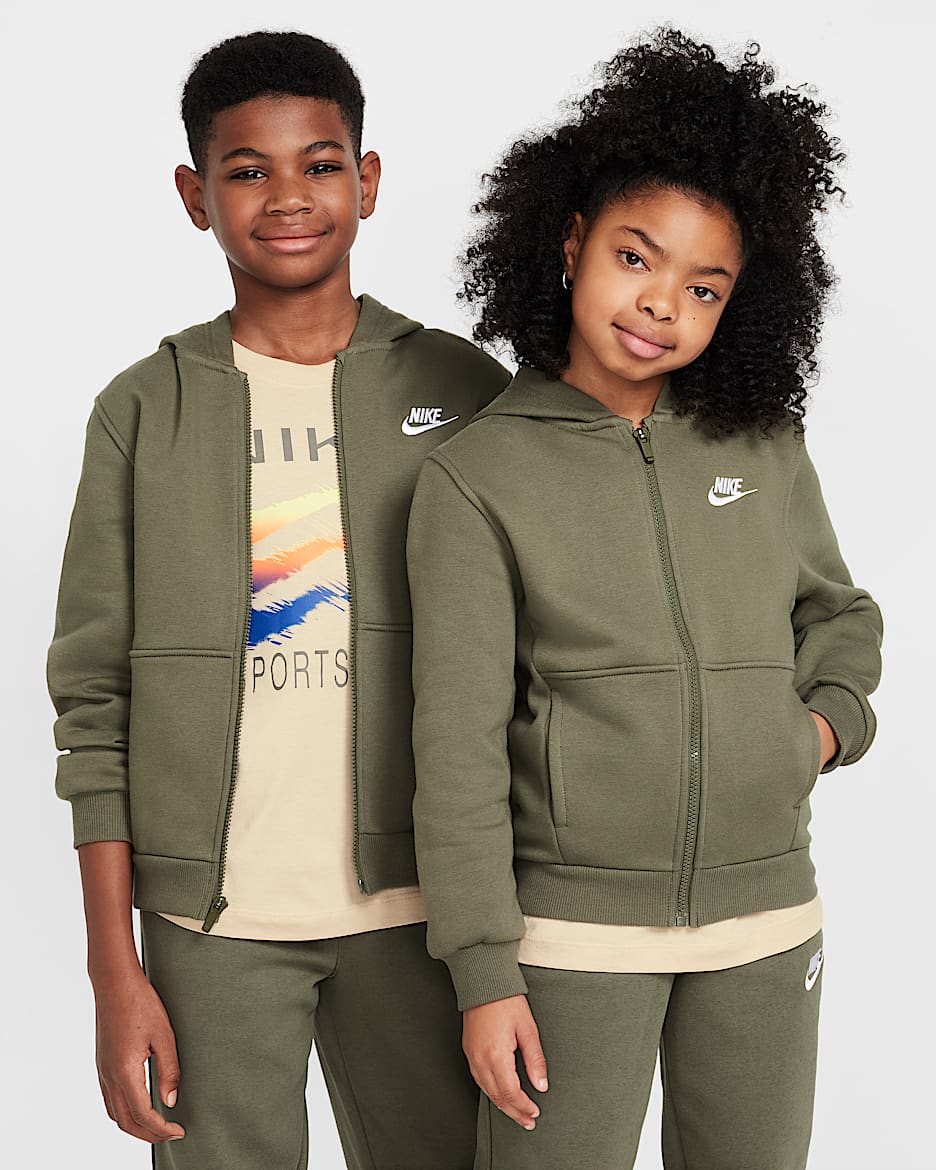 Sudadera con gorro de cierre completo para niños talla grande Nike Sportswear Club Fleece - Oliva medio/Blanco