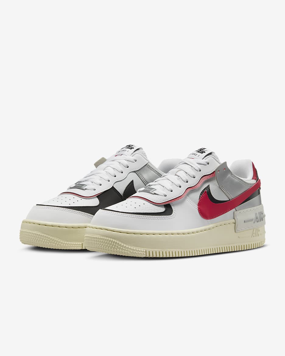 Sapatilhas Nike Air Force 1 Shadow para mulher - Branco/Preto/Prateado metalizado/Vermelho Gym