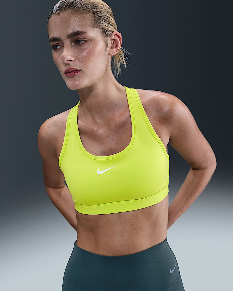 Bra deportivo con almohadillas para mujer Nike Swoosh Medium Support - Cíber/Blanco