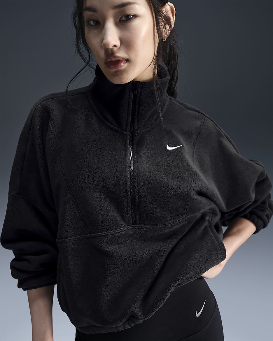 Haut oversize à demi-zip en Fleece Therma-FIT Nike One pour femme - Noir/Blanc