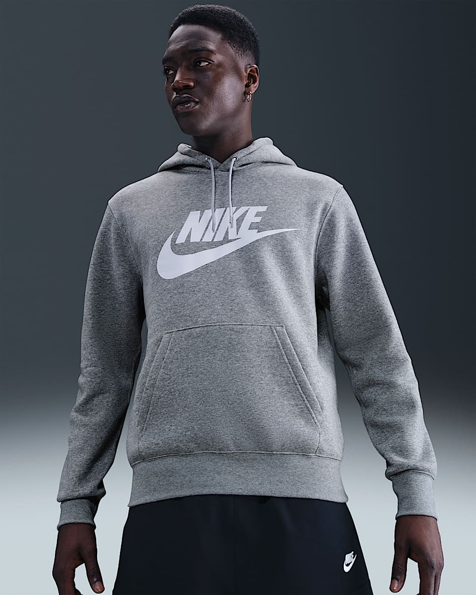 Nike Sportswear Club Men's Fleece Pullover Hoodie - Dark Grey Heather/Light Smoke Grey/White