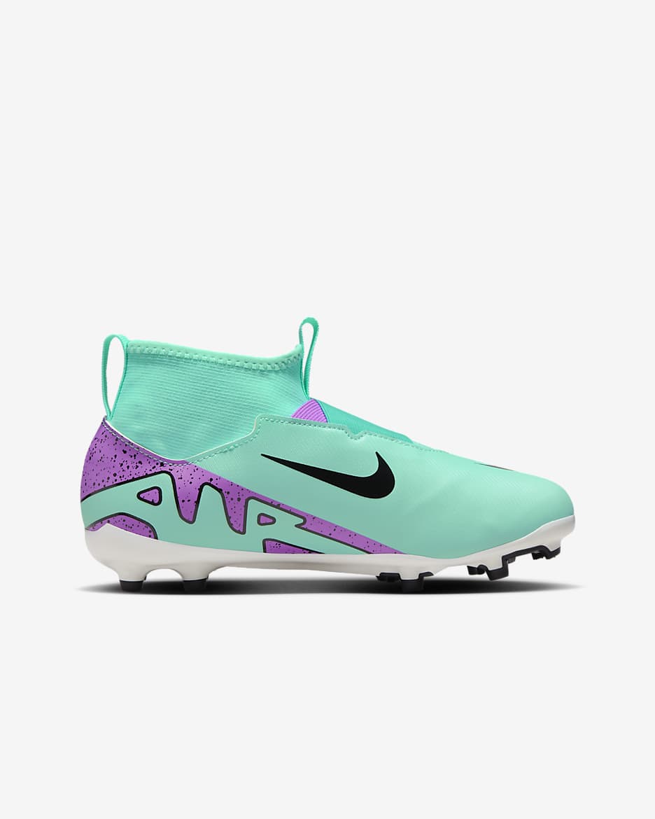 Tacos de fútbol de corte high para terrenos múltiples para niños de preescolar y grandes Nike Jr. Mercurial Superfly 9 Academy - Hiperturquesa/Negro/Blanco/Sueño fucsia