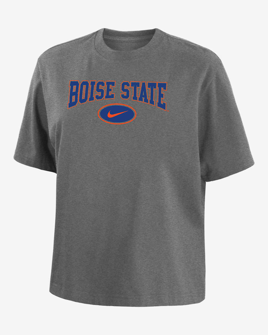 Playera de corte cuadrado universitaria Nike para mujer Boise State - Gris oscuro jaspeado