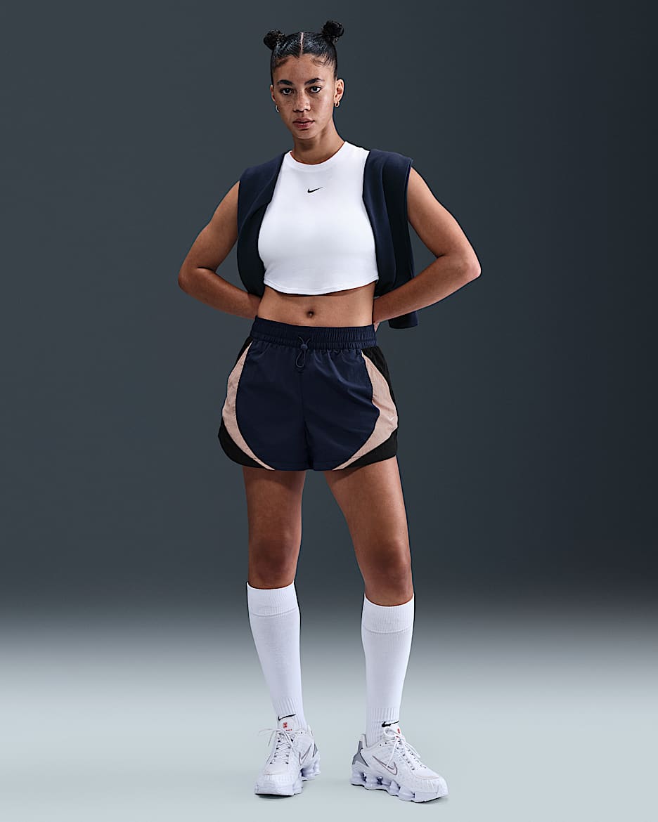 Shorts de entrenamiento de tiro medio holgados de 8 cm para mujer Nike Sportswear - Azul marino medianoche/Negro/Rosa partícula/Vela