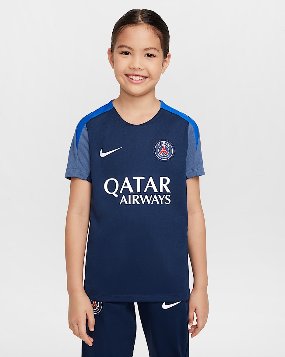 Camisola de futebol de manga curta Nike Dri-FIT Strike Paris Saint-Germain Júnior - Midnight Navy/Azul Diffused/Hyper Royal/Branco