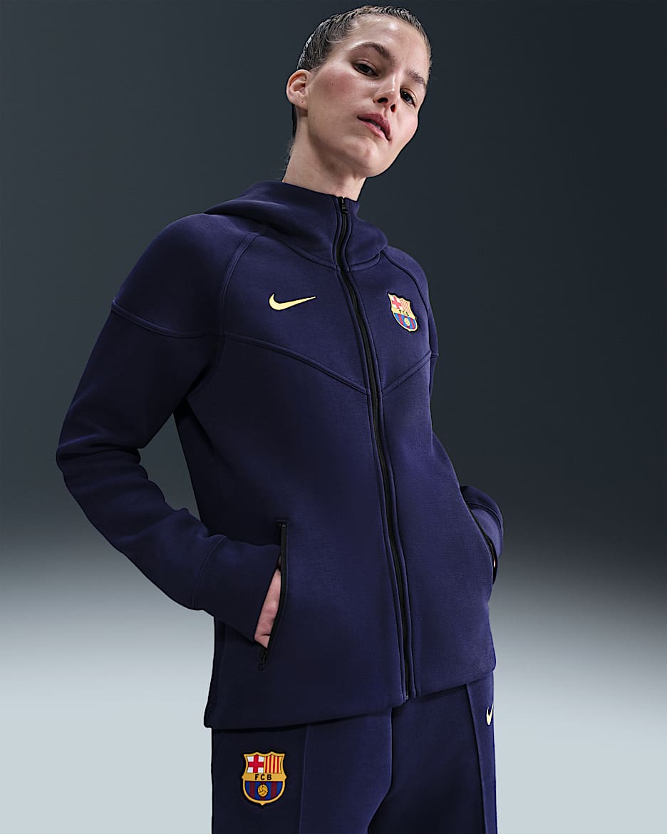 Felpa in fleece Nike Football con cappuccio e zip a tutta lunghezza FC Barcelona Tech Windrunner – Donna - Imperial Purple/Midwest Gold