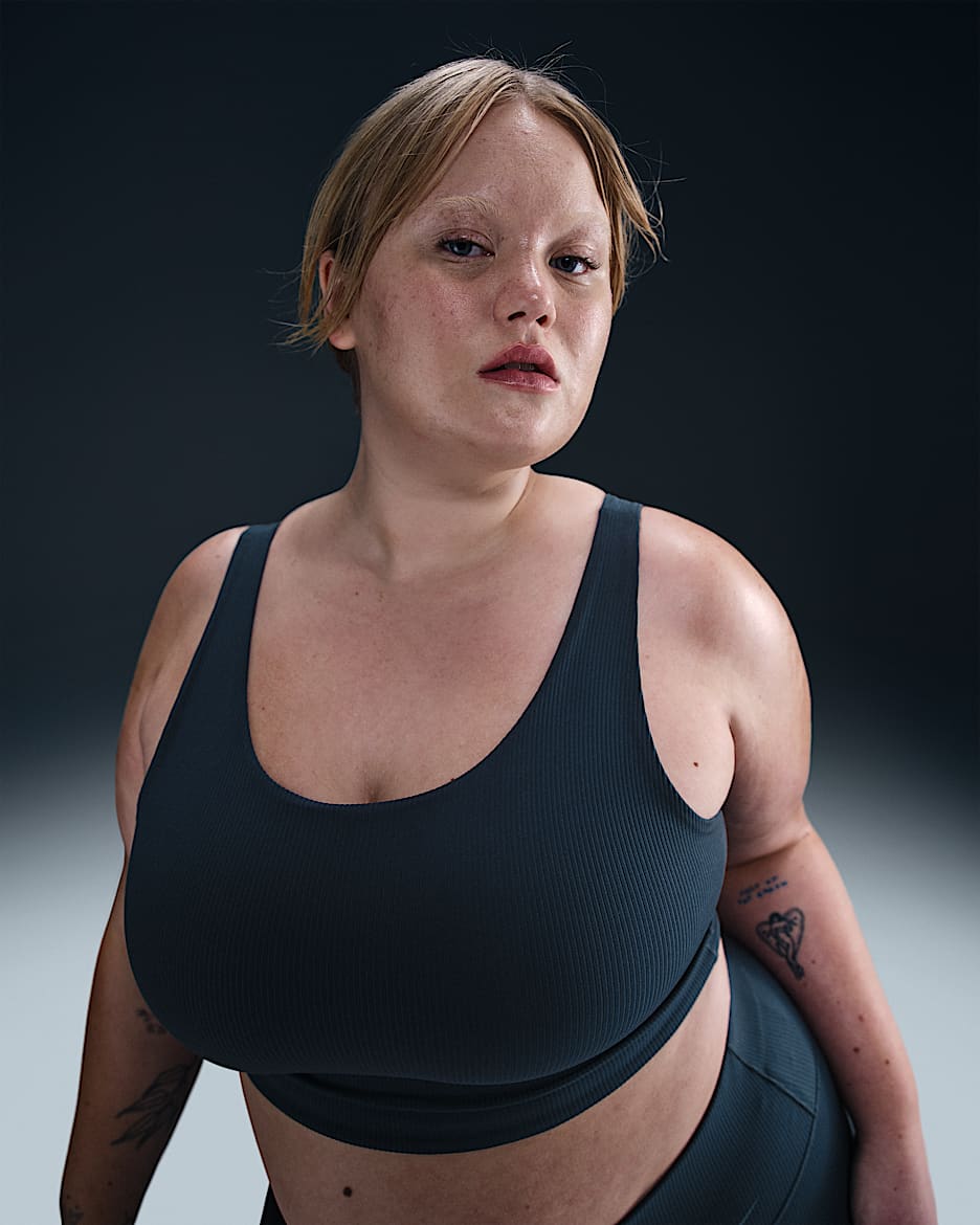 Bra deportivo de baja sujeción de talle largo sin almohadilla para mujer (talla grande) Nike Zenvy Rib - Azul marino militar/Azul marino militar/Blanco