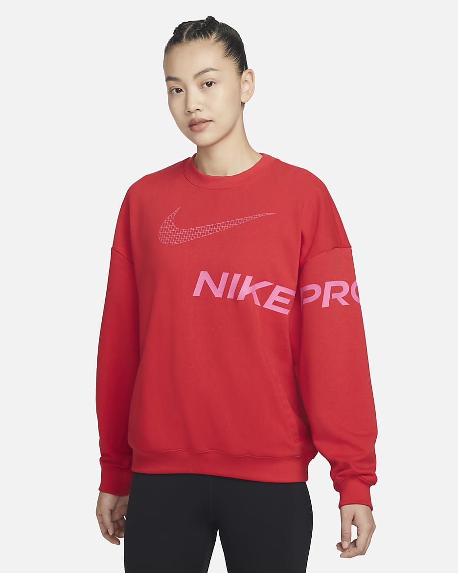 ナイキ Dri-FIT ゲット フィット ウィメンズ フレンチ テリー グラフィック クルーネック スウェットシャツ - ユニバーシティレッド/ジムレッド/ピンクサイクル