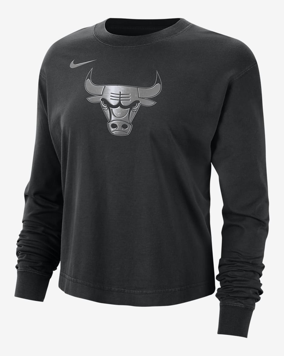 Playera de manga larga Nike de la NBA con brillo de corte cuadrado para mujer Chicago Bulls Courtside - Negro