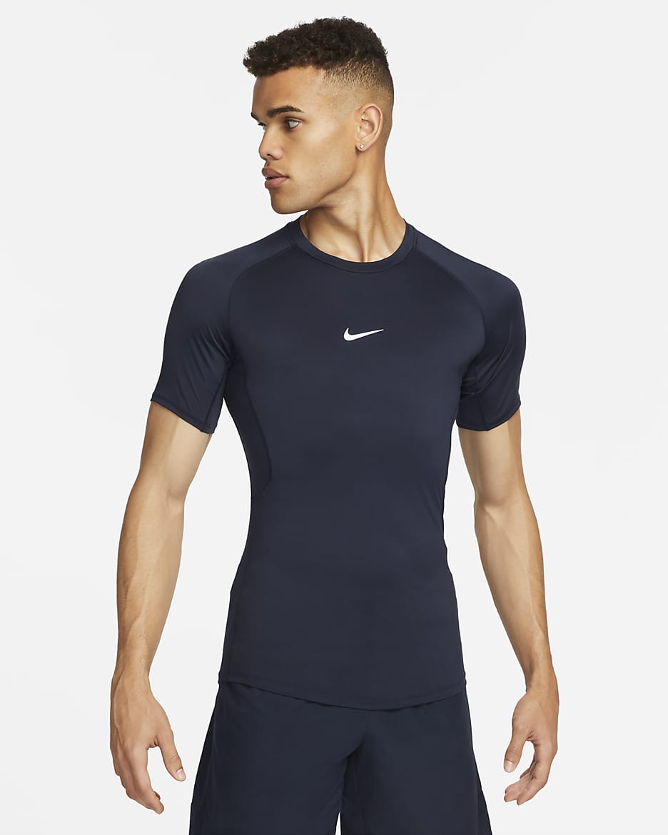 Nike Pro Dri-FIT Kurzarm-Fitness-Oberteil mit enger Passform für Herren - Obsidian/Weiß