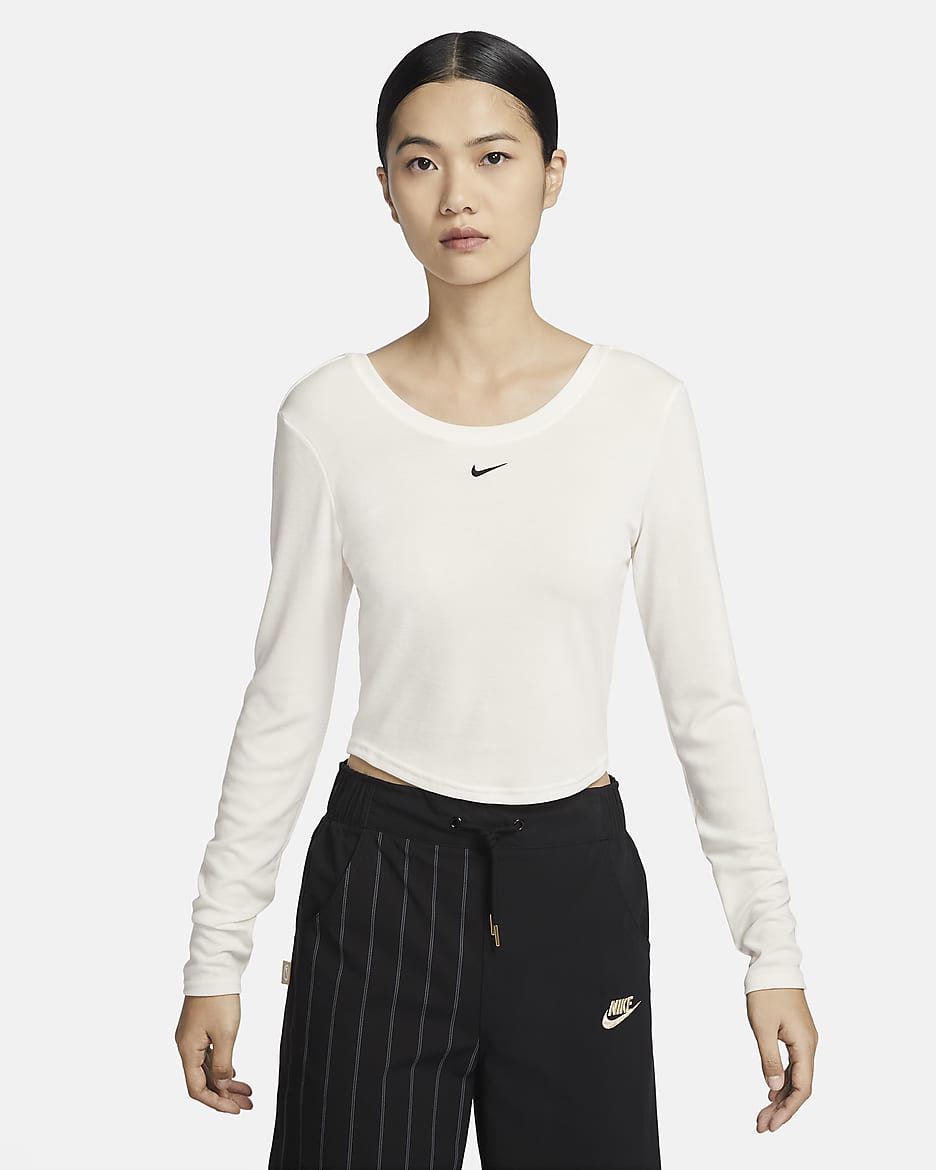 Nike Sportswear Chill Knit Women's Tight Scoop-Back Long-Sleeve Mini-Rib Top - Sail/Black