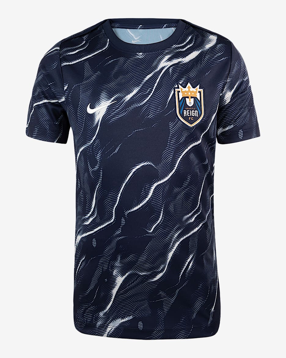 Playera de manga corta Nike de la NWSL para antes del partido para niños talla grande Seattle Reign 2025 - Blanco cumbre/Azul oscuro