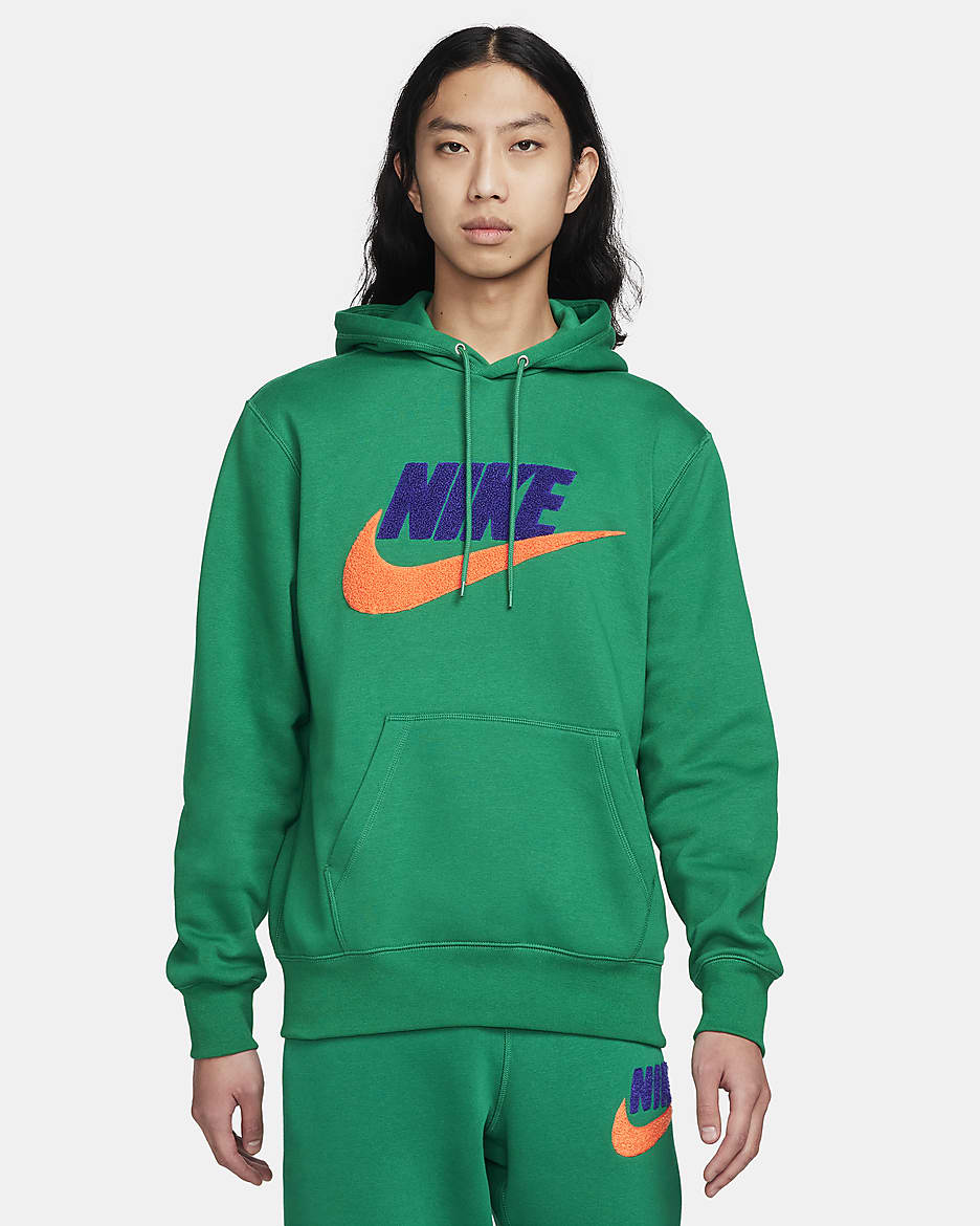 Nike Club Fleece Men's Pullover Hoodie - Malachite/Malachite/Safety Orange