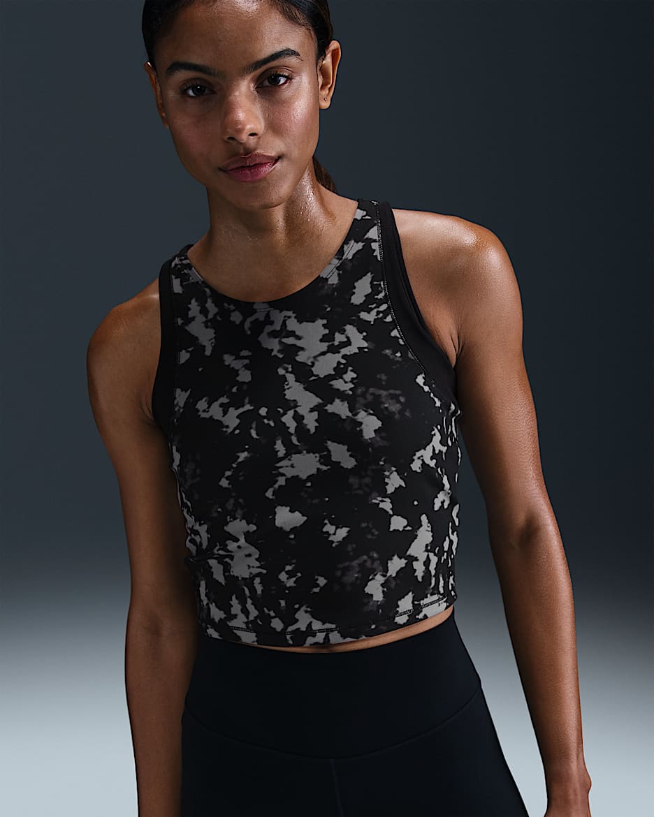 Camiseta de tirantes Dri-FIT estampada cropped para mujer Nike One Fitted - Negro/Negro/Negro